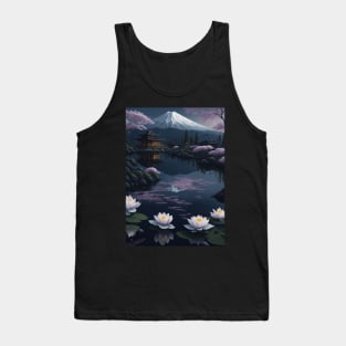 Serene Mount Fuji Sunset - Peaceful River Scenery - Lotus Flowers Tank Top
